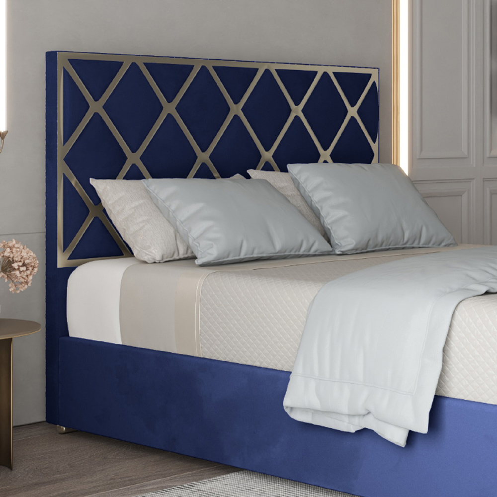 Tammy Double Blue Soft Velvet Upholstered Metal Bed Frame with Panelled Headboard Image 3
