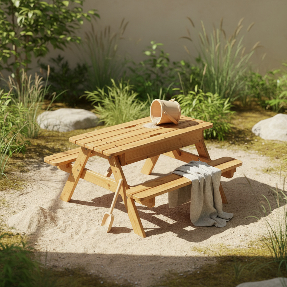AMATA Natural Kids Wooden Picnic Table with Sandpit Image 4