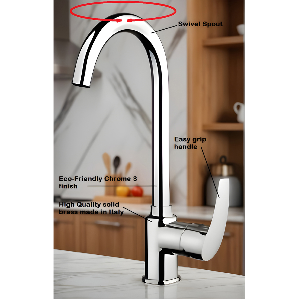 Piralla Atomic Chrome Single Lever Swivel Spout Kitchen Mixer Tap Image 3