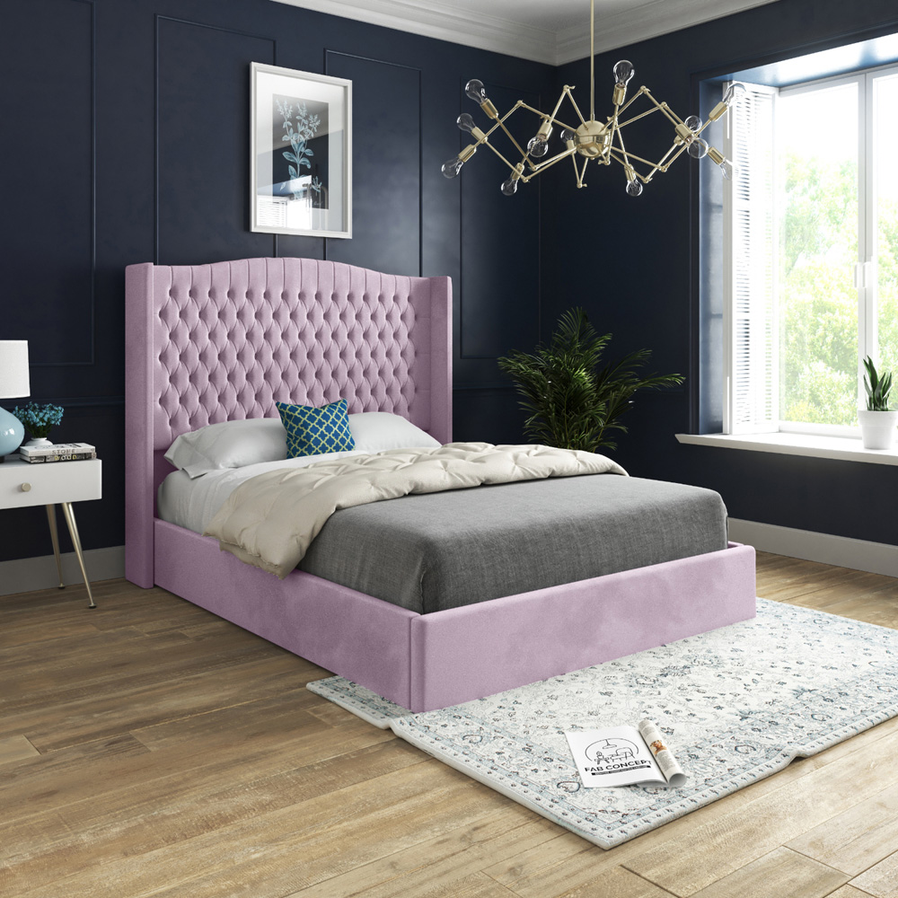 Rana Double Pink Soft Velvet Upholstered Bed Frame with Curved Top Winged Headboard Image 5