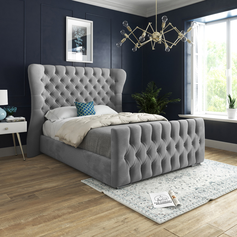 Parma Small Single Grey Soft Velvet Upholstered Bed Frame with Curved Winged Headboard Image 5