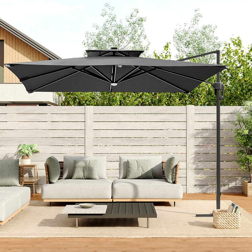 Living and Home Dark Grey LED Square Rotatable Tilt Cantilever Parasol with Cross Base 3m Image 7