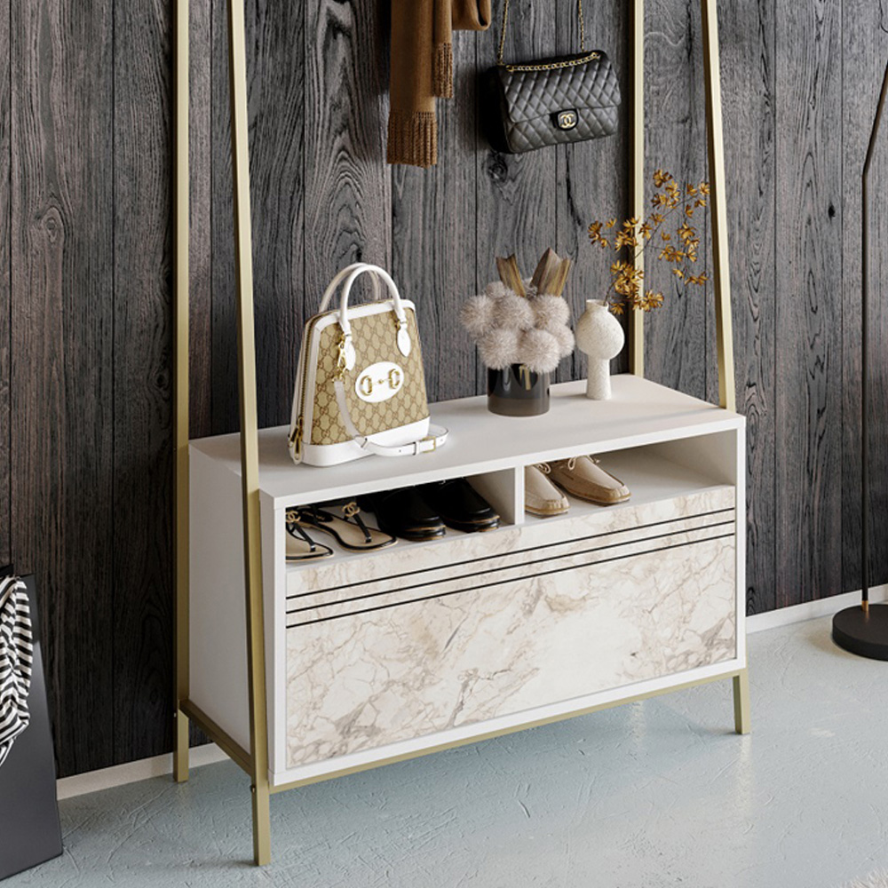 Decorotika Devin Single Door 2 Shelf White Marble and Gold Coat and Shoe Rack Image 3