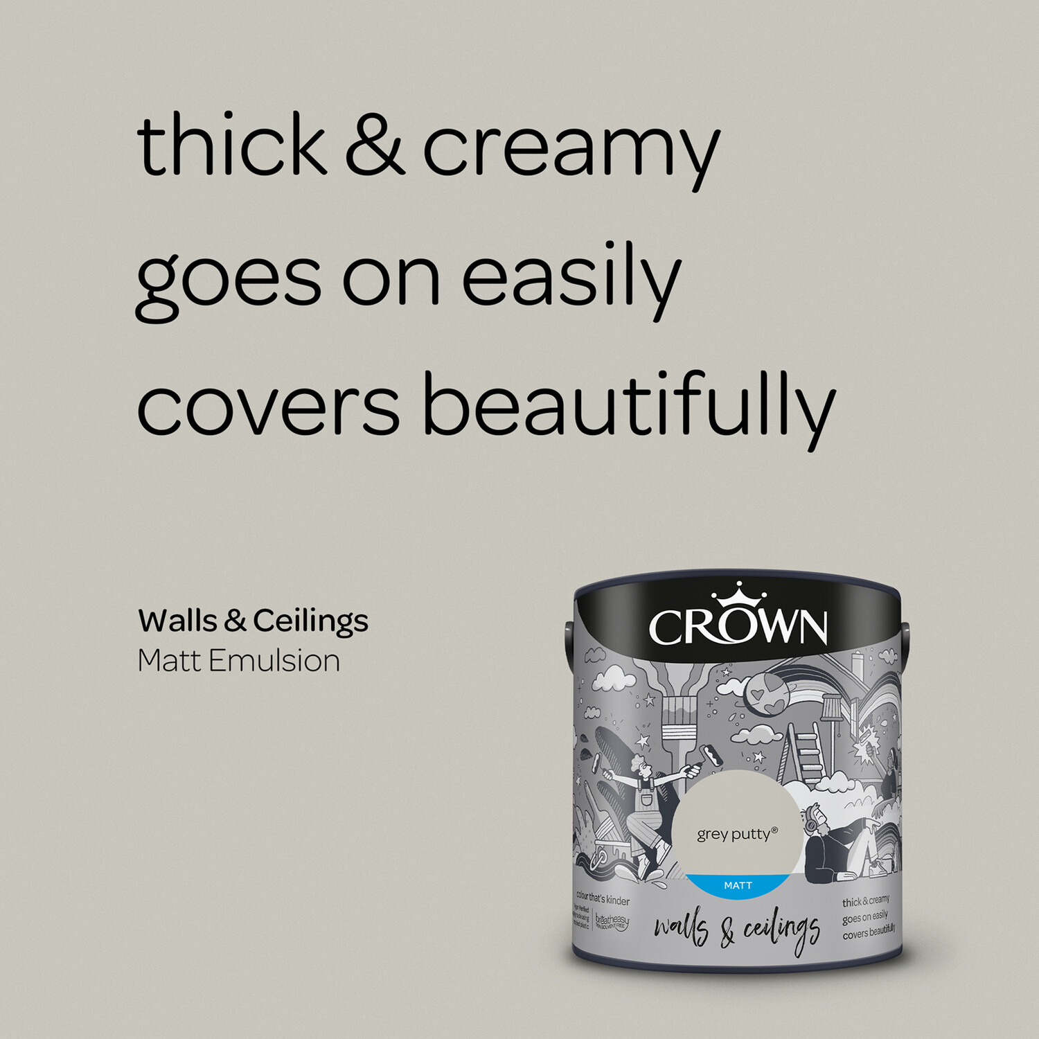 Crown Wall & Ceilings Grey Putty Matt Emulsion 2.5L Image 9