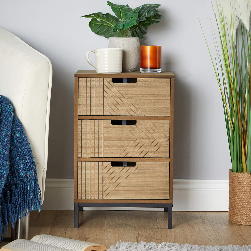 Home Source Mundesley 3 Drawer Geometric Wooden Bedside Table Image 5