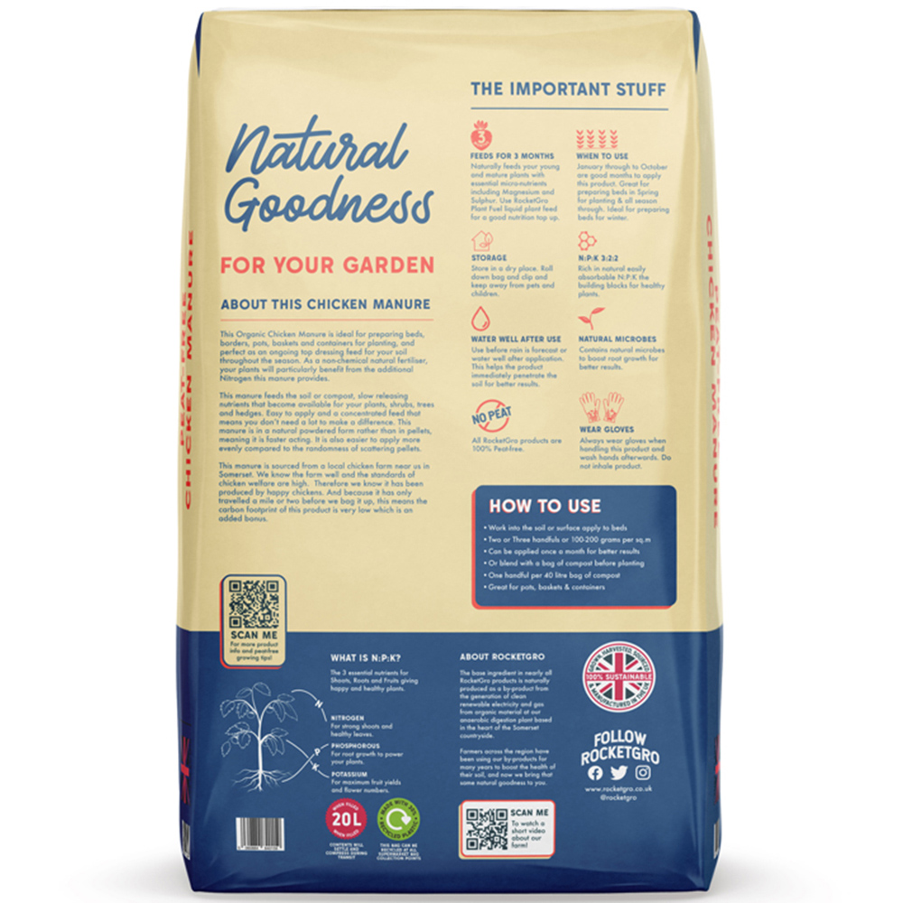 RocketGro Organic Chicken Manure Natural Fertiliser Bag 20L 98 Pack Image 4