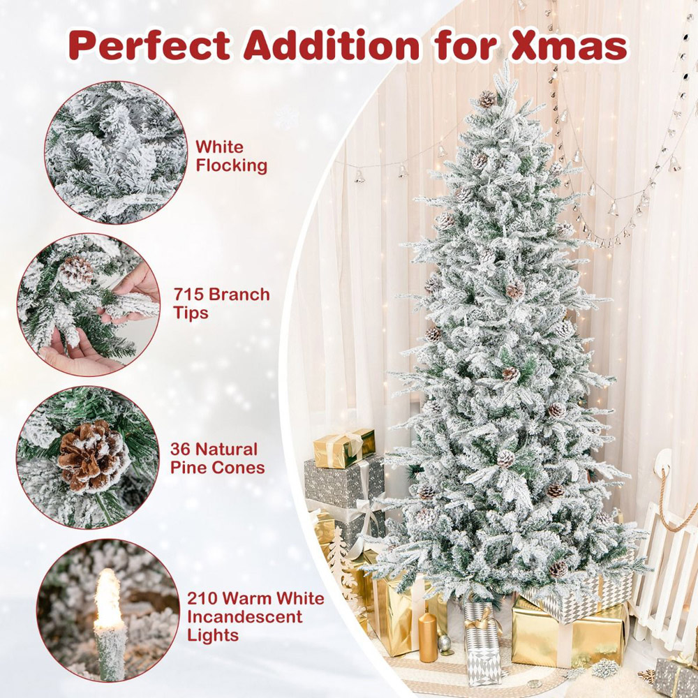 Costway Pre Lit White Flocked LED Artificial Christmas Tree with Natural Pine Cone 6ft Image 5