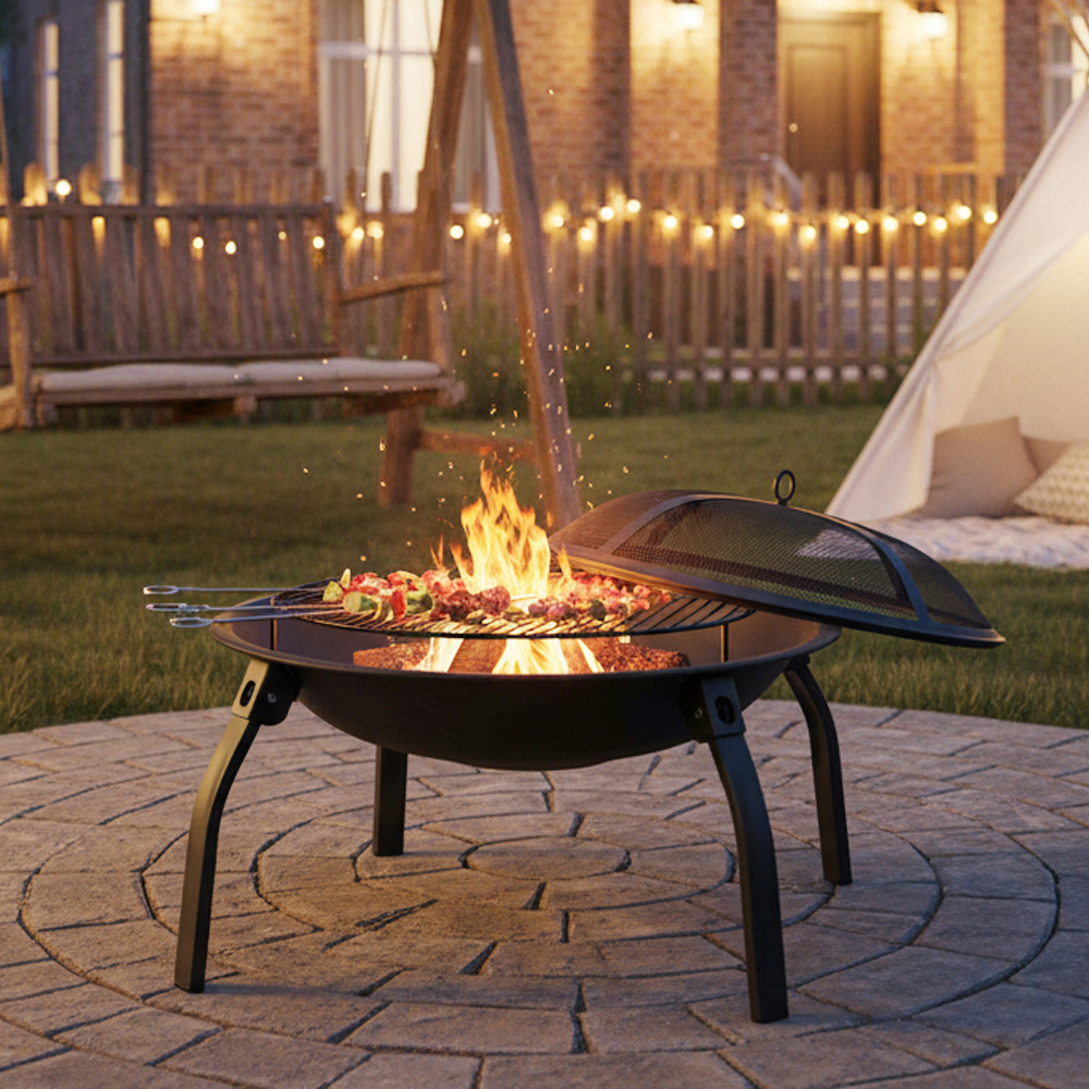 21inch Outdoor Wood Burning Fire Pit with Mesh Screen and Grill Grate Image 2