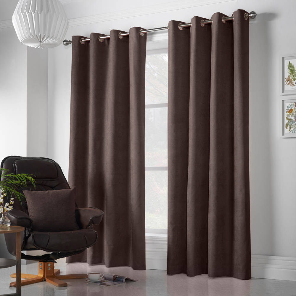 Alan Symonds Chocolate Velvet Chenille Ring Top Eyelet Curtains 142 x 137cm Image 4