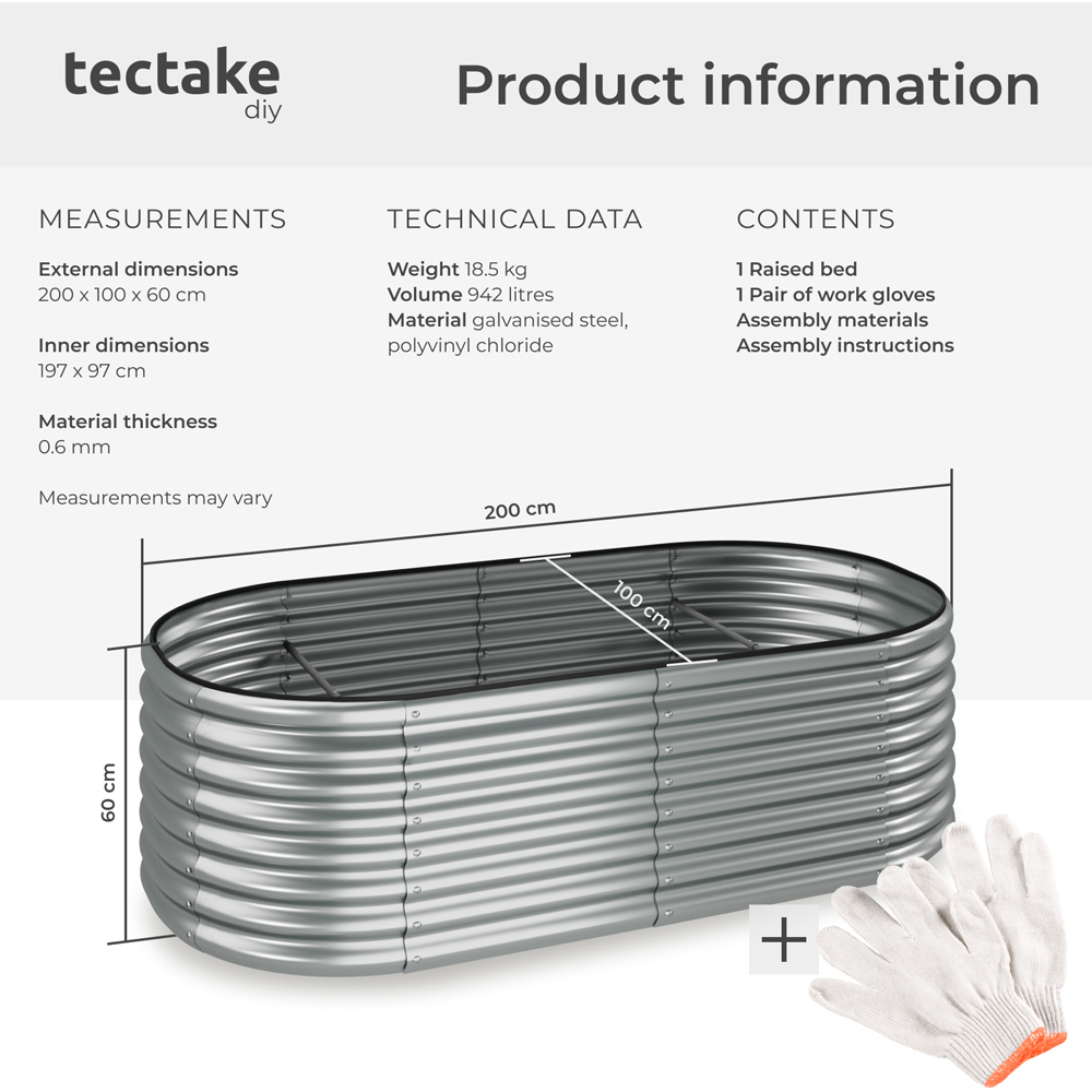 tectake Flora 200 x 100cm Silver Galvanised Steel Raised Garden Bed Image 9