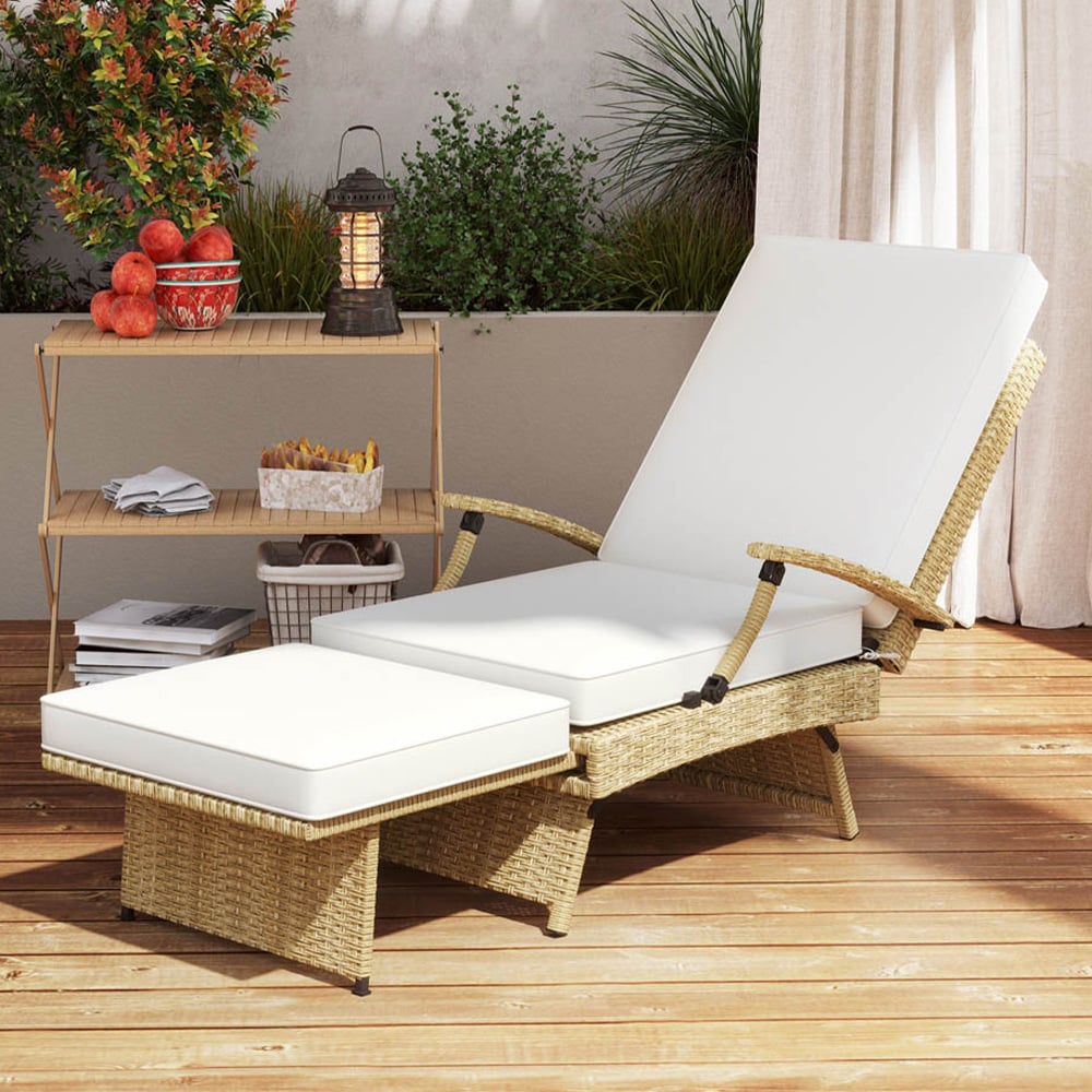 Outsunny Beige Foldable Rattan Recliner Chair with Footrest Image 1