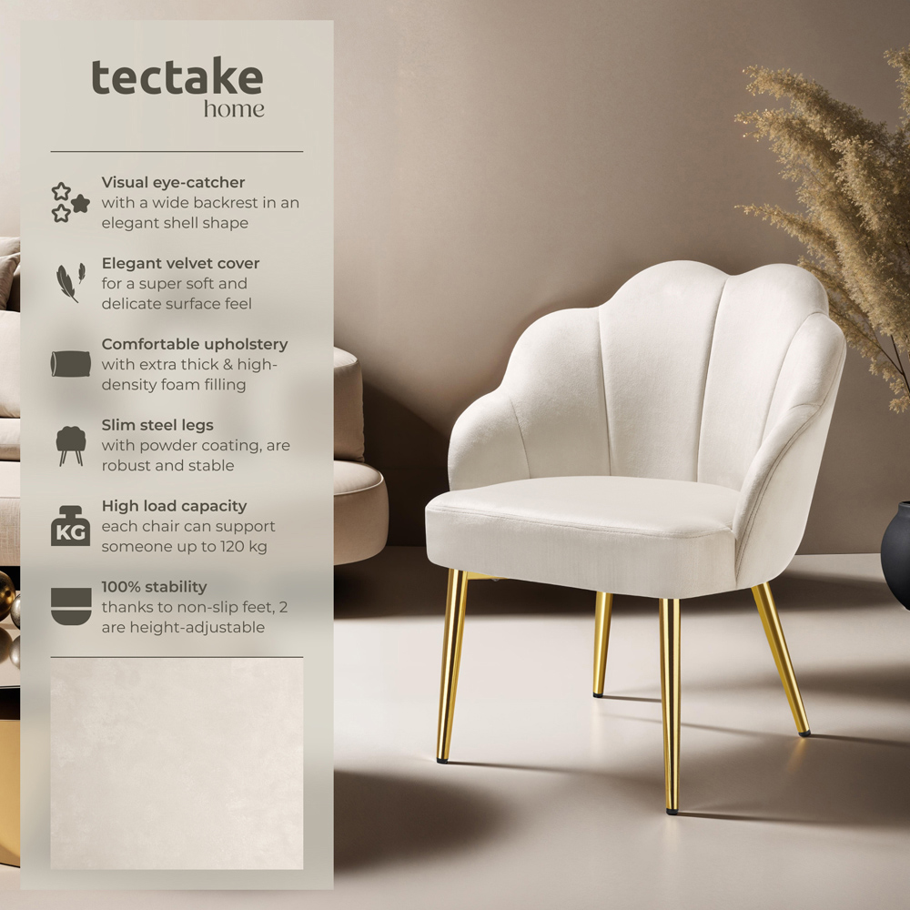 tectake Hellen Set of 2 Cream and Gold Shell Shaped Velvet Accent Chair Image 6