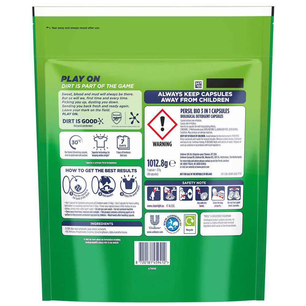 Persil Bio 3 in 1 Washing Capsules XXL 48 Washes 6 Pack Image 3