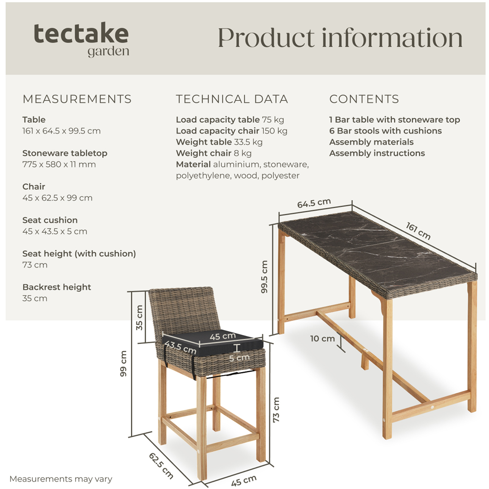tectake Lovas Latina 6 Seater Poly Rattan Garden Bar Dining Table Nature Image 9
