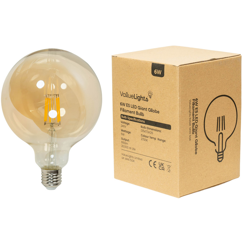 ValueLights 6W 2700K Warm White Filament Amber Glass E27 Globe Light Bulb 2 Pack Image 3