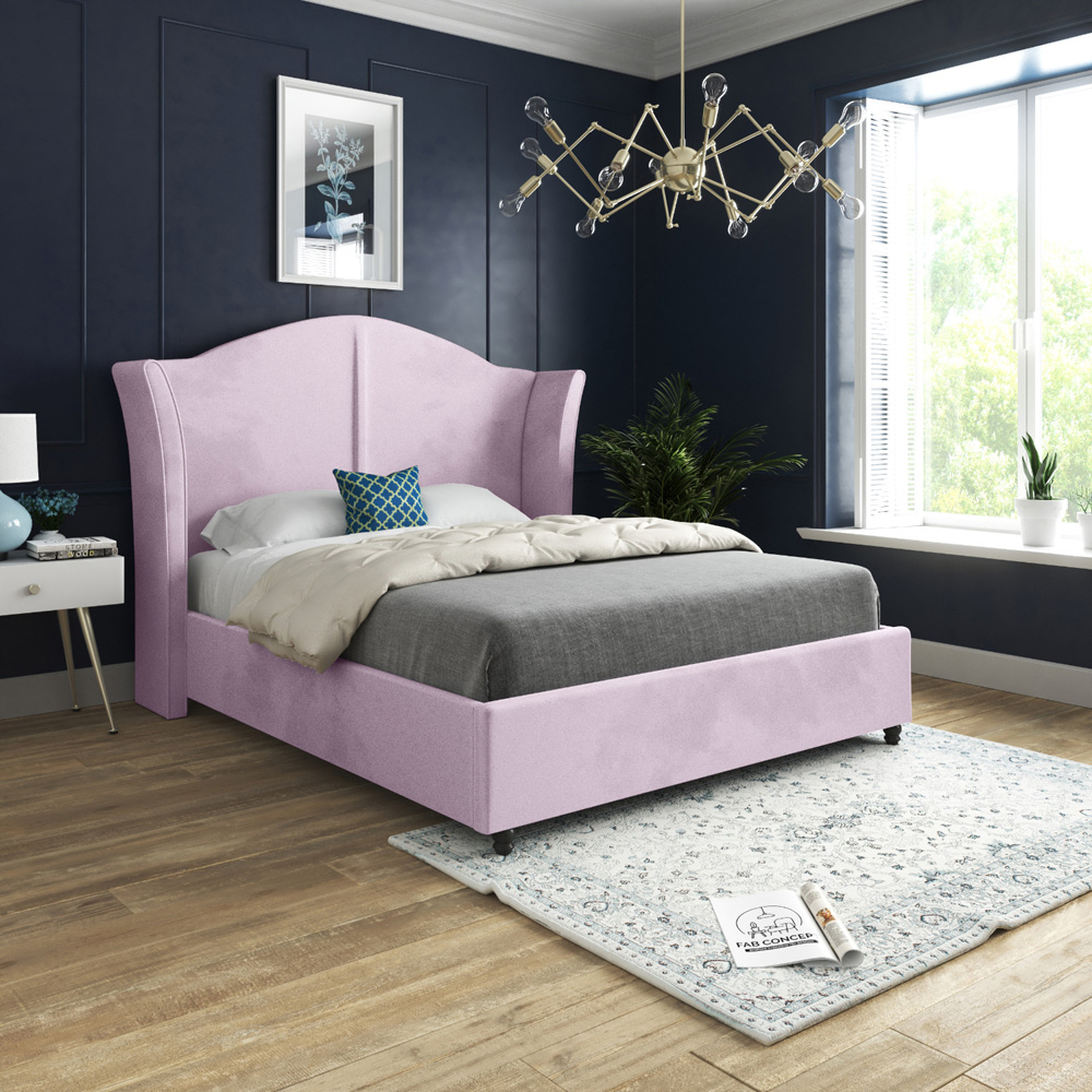 Zampa Small Single Pink Soft Velvet Upholstered Bed Frame with Curved Winged Headboard Image 5