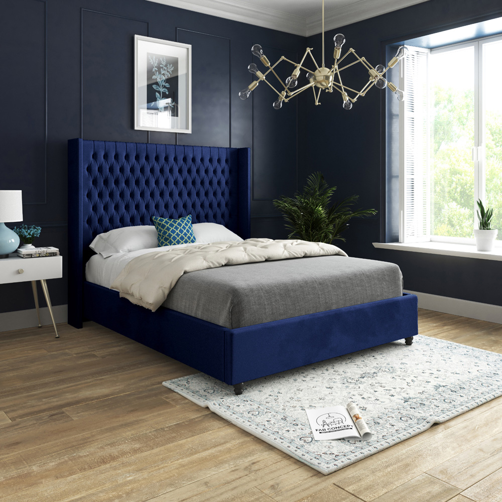 Volta Single Blue Soft Velvet Upholstered Bed Frame with Straight Winged Headboard Image 5