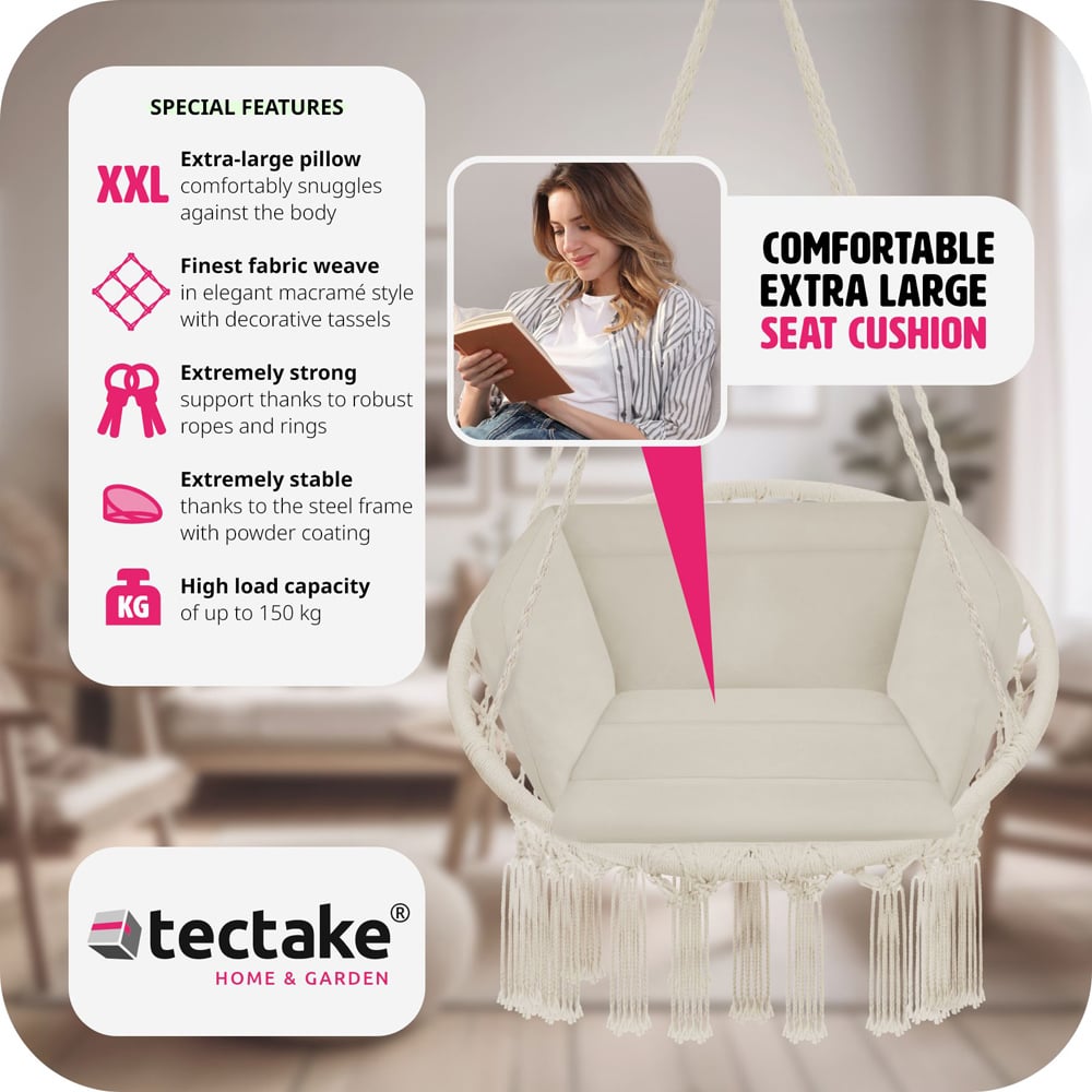 tectake Grazia Beige Swing Chair with Seat and Back Cushion Image 6