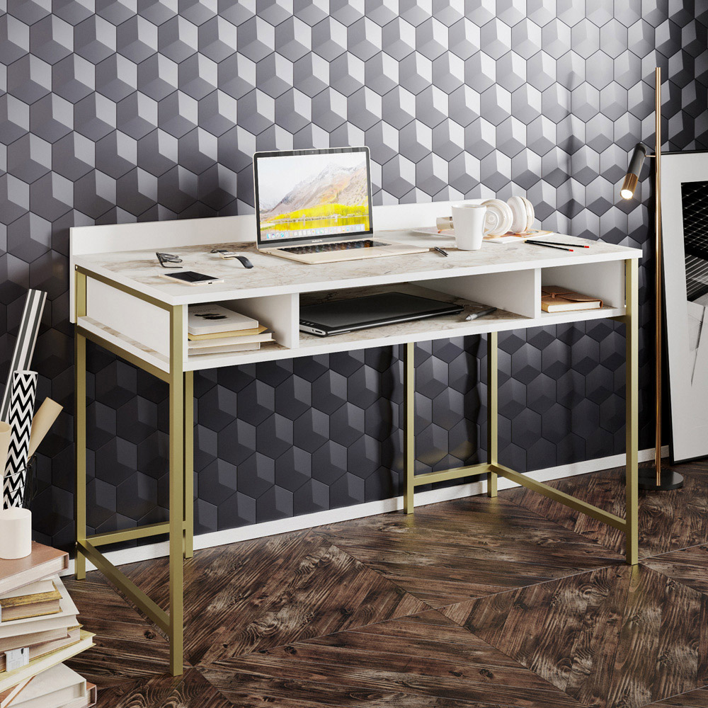 Decorotika Tumata 3 Shelf Study Desk White Marble and Gold Image 5