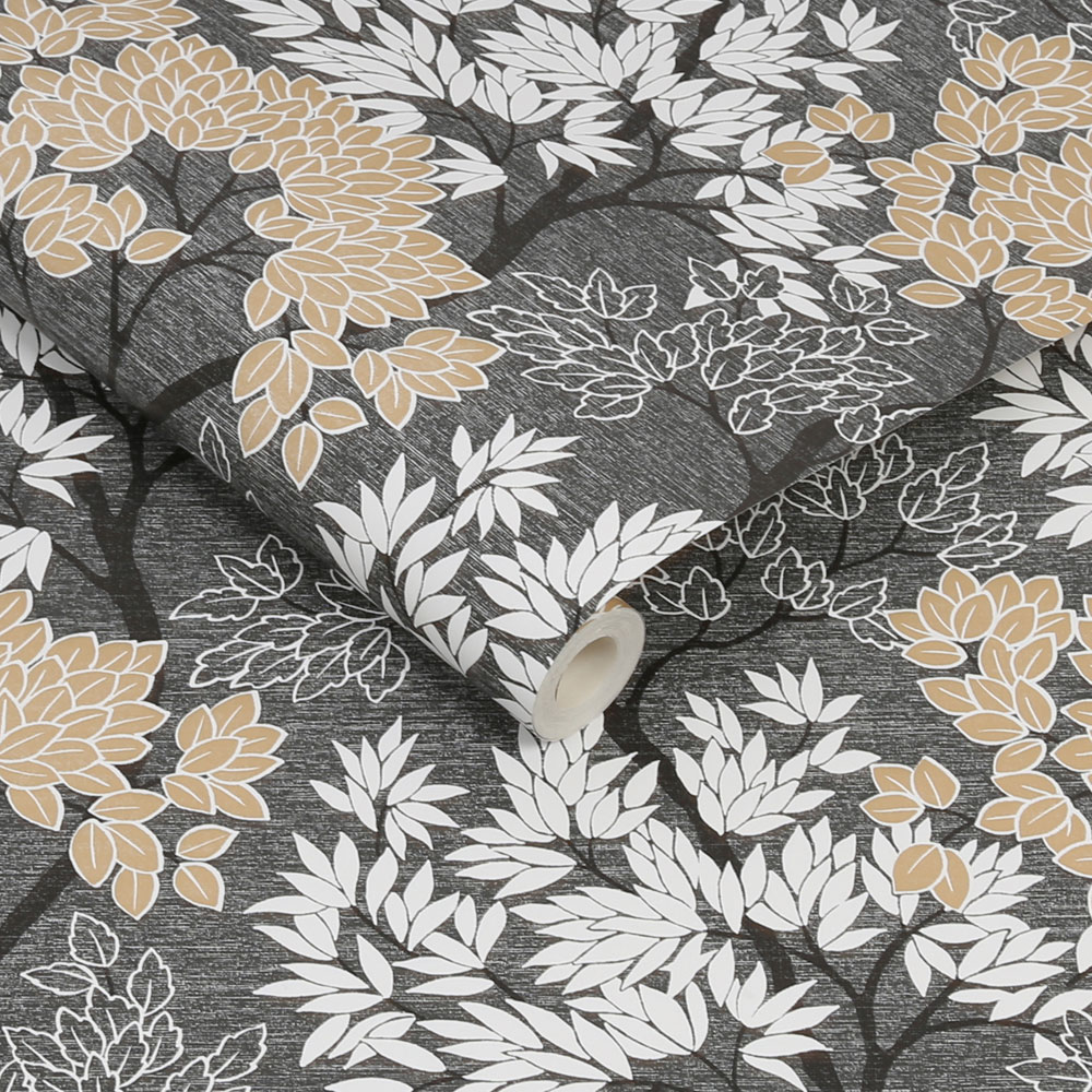 Fresco Lykke Tree Dark Charcoal and Natural Wallpaper Image 2