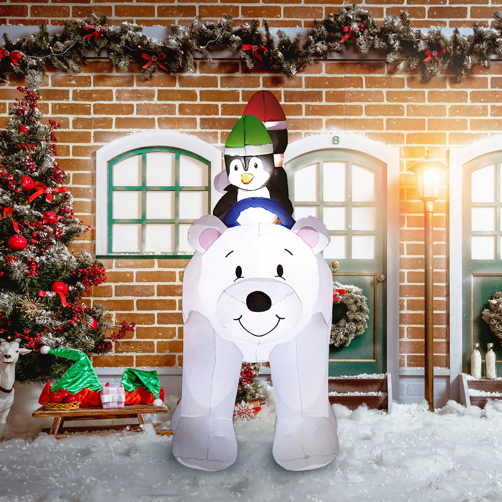 Everglow LED Inflatable 2 Penguins Riding on Polar Bear Christmas Decoration 6.4ft Image 3