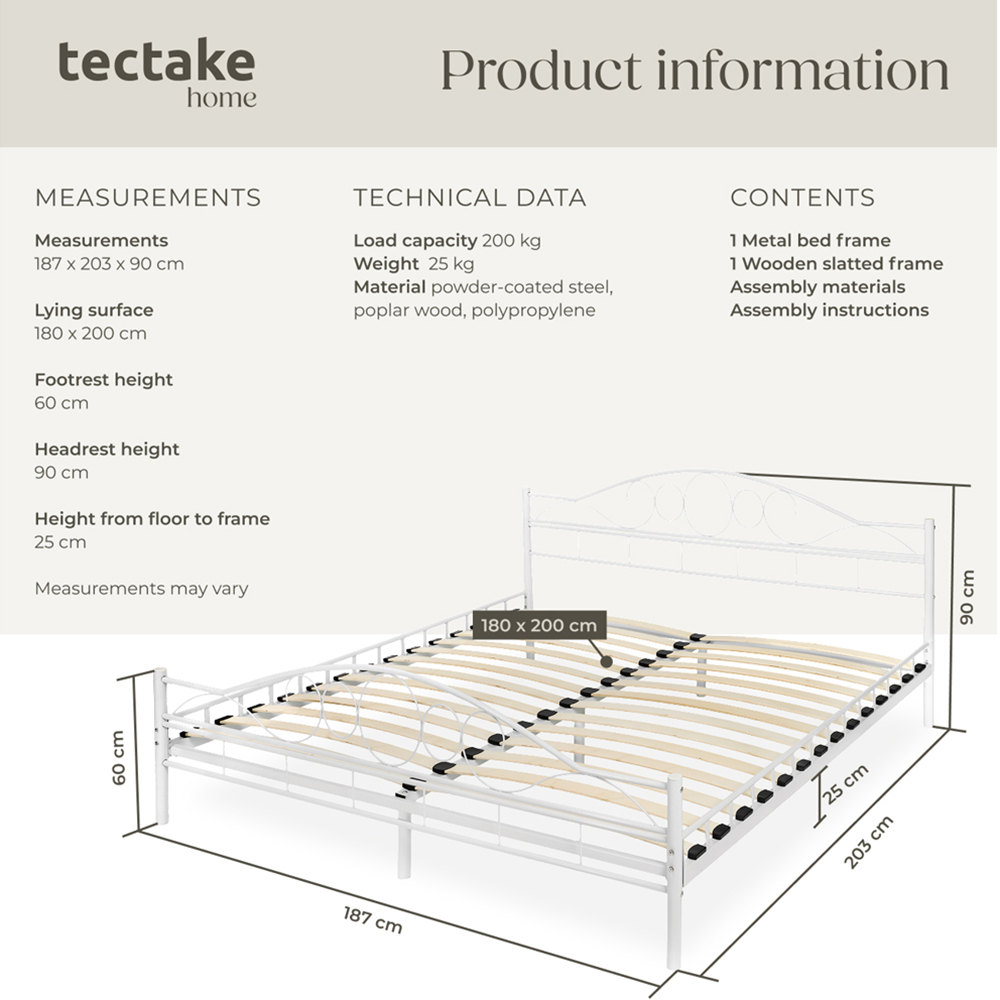 tectake King Size White Metal Bed Frame with Slatted Base Image 8