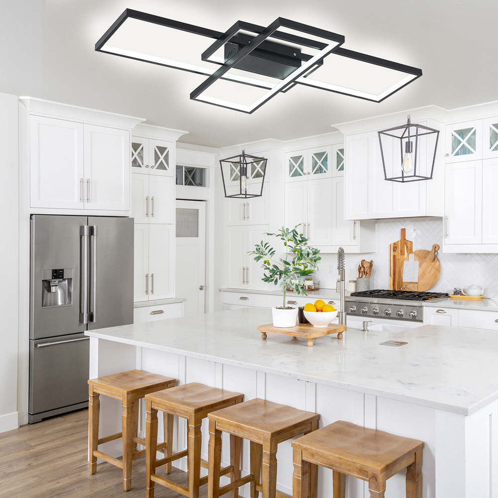 Living and Home 35 inch Black Rectangular Semi-Flush Dimming Ceiling Light with Remote Image 5