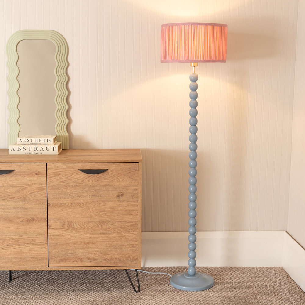ValueLights Bobbins Ruched Pleated Blush Pink Drum Shade Powder Blue LED Floor Lamp Image 2