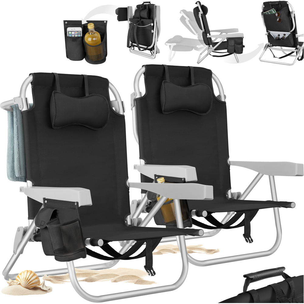 tectake Coral Set of 2 Black Foldable Beach Chair with Backpack Image 2