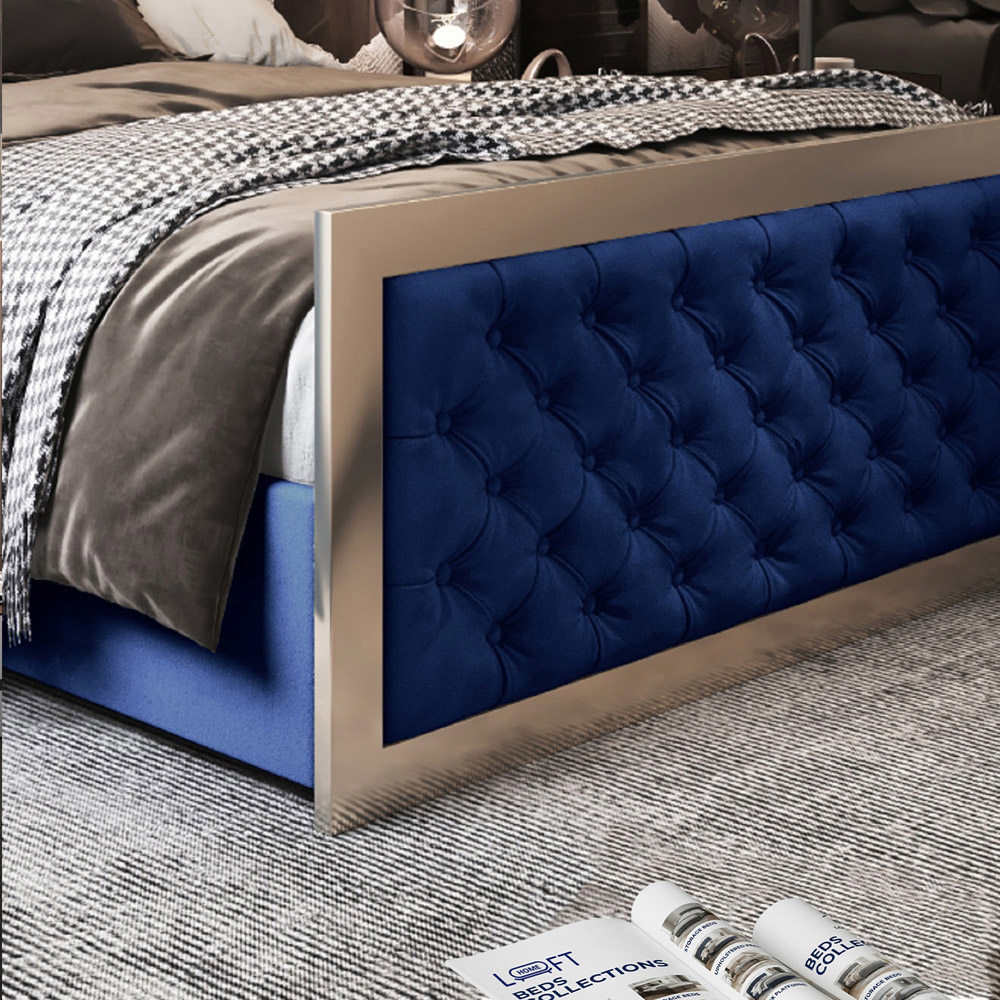 Maddison Blue Small Double Velvet Upholstered Metal Bed Frame with Padded Headboard Image 4