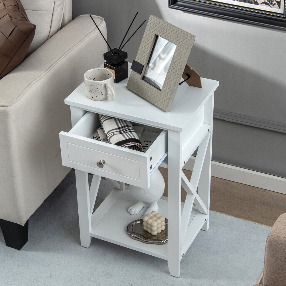 Costway Single Drawer Single Shelf White Modern X-Design Bedside Table Image 4