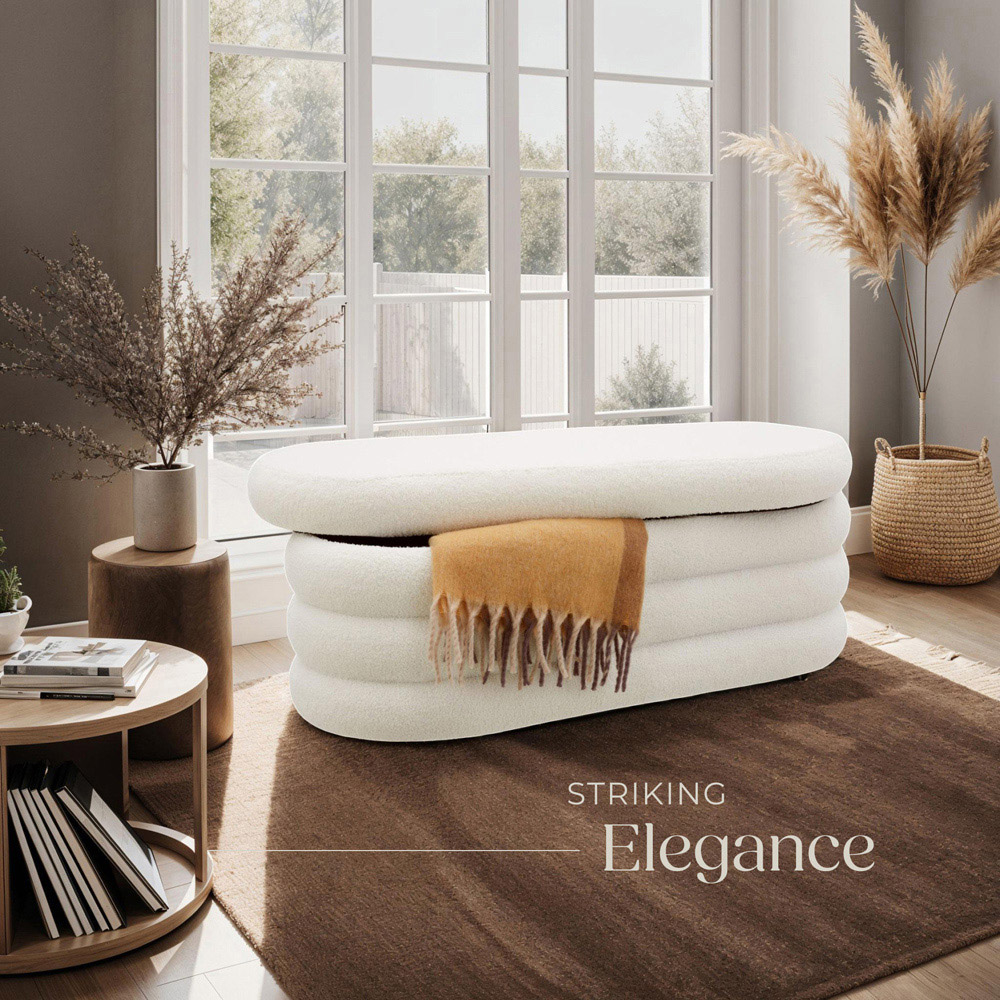 tectake Altu Cream Boucle Upholstered Bench with Storage Image 6