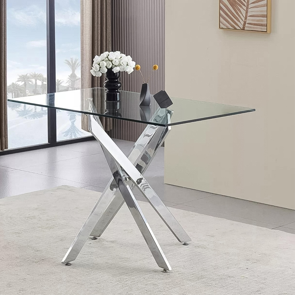 Kosy Koala 4 Seater Glass and Leather Rectangle Dining Table Set Chrome and Black Image 2
