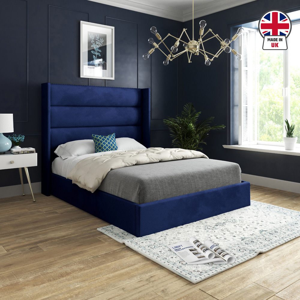 Nuno Blue Single Velvet Upholstered Bed Frame with Straight Winged Headboard Image 6