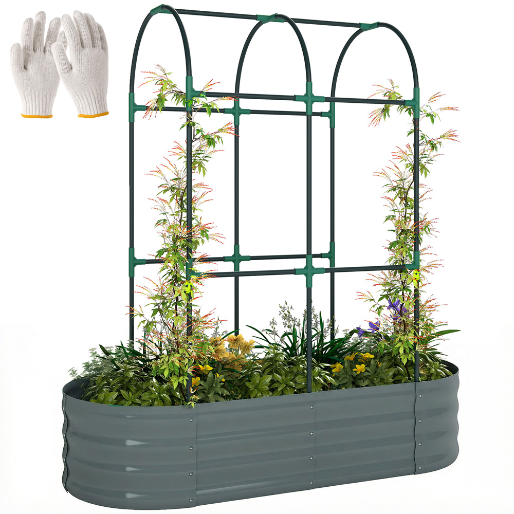 Outsunny Dark Grey Galvanised Raised Garden Bed with Trellis 140 x 60 x 120cm Image 3