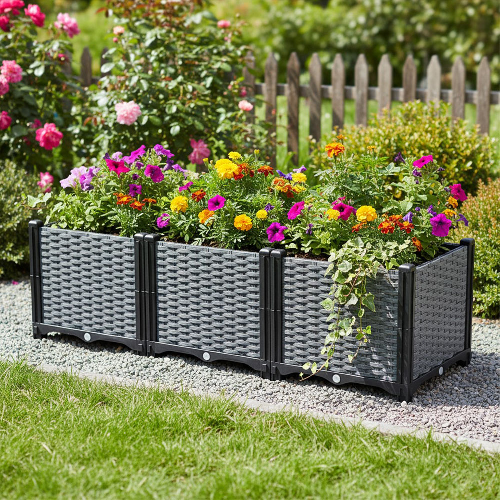 Living and Home Grey and Black Plastic Rattan Look Deep Raised Garden Bed 36 x 120 x 40cm Image 5