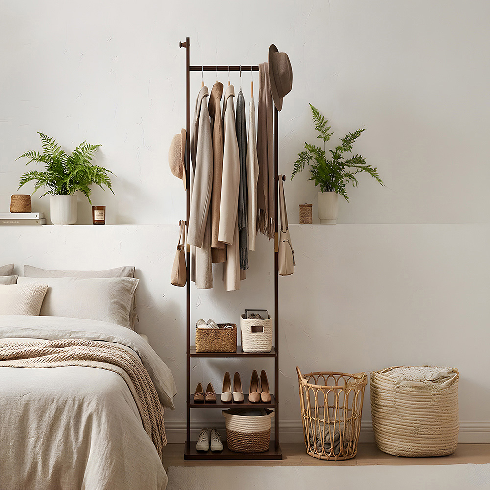 Living and Home Single Shelf Walnut Freestanding Clothes Rack with 5 Hooks Image 2