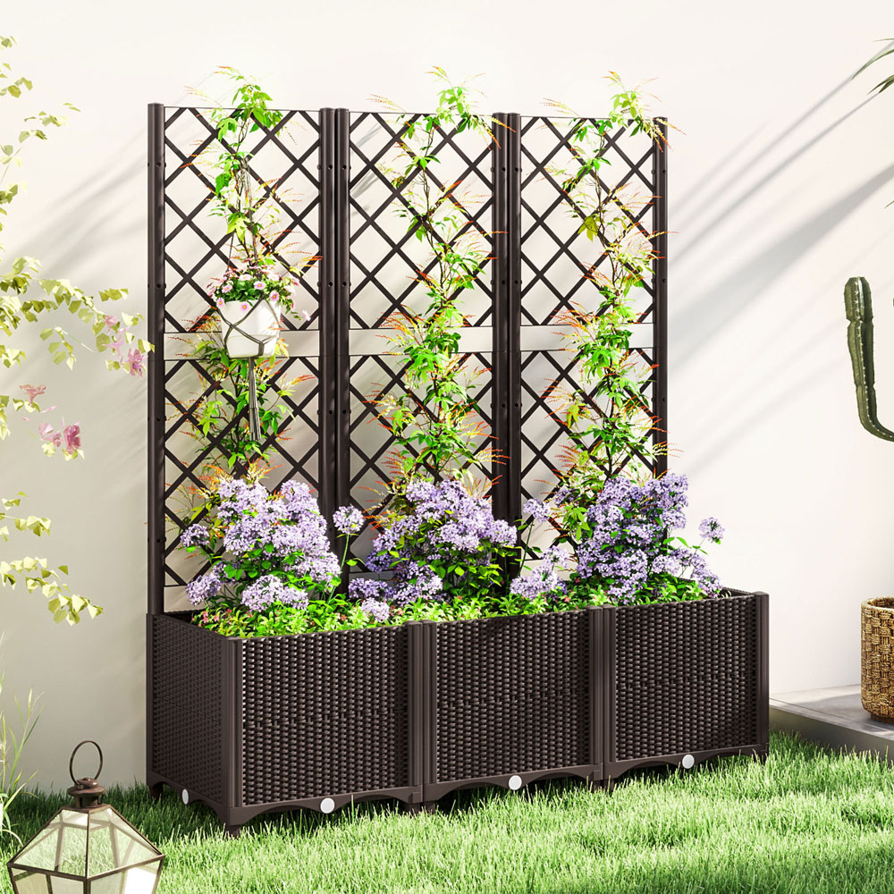 Outsunny Brown Plastic Vegetable Planter Box with Trellis 1.3 x 3.9ft Image 2