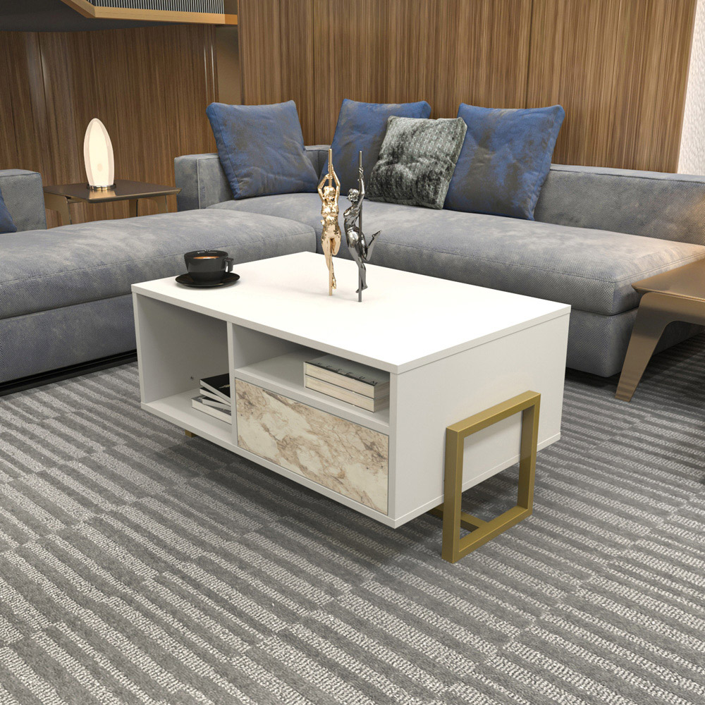 Decorotika Utopie 2 Door 2 Shelf White and White Marble Effect Modern Coffee Table Image 4