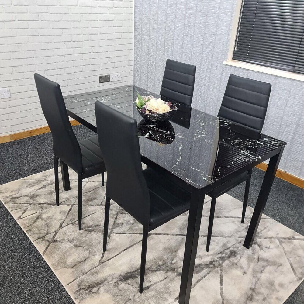 Portland Marble Effect Glass 4 Seater Leather Dining Set Black Image 7
