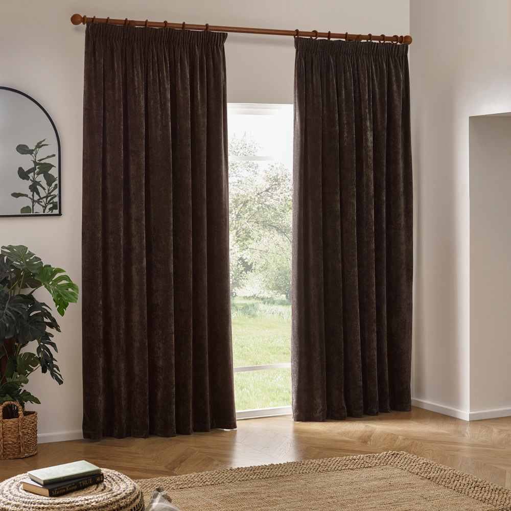 Yard Heavy Brown Chenille Velvet Pencil Pleat Curtains 229 x 183cm Image 6