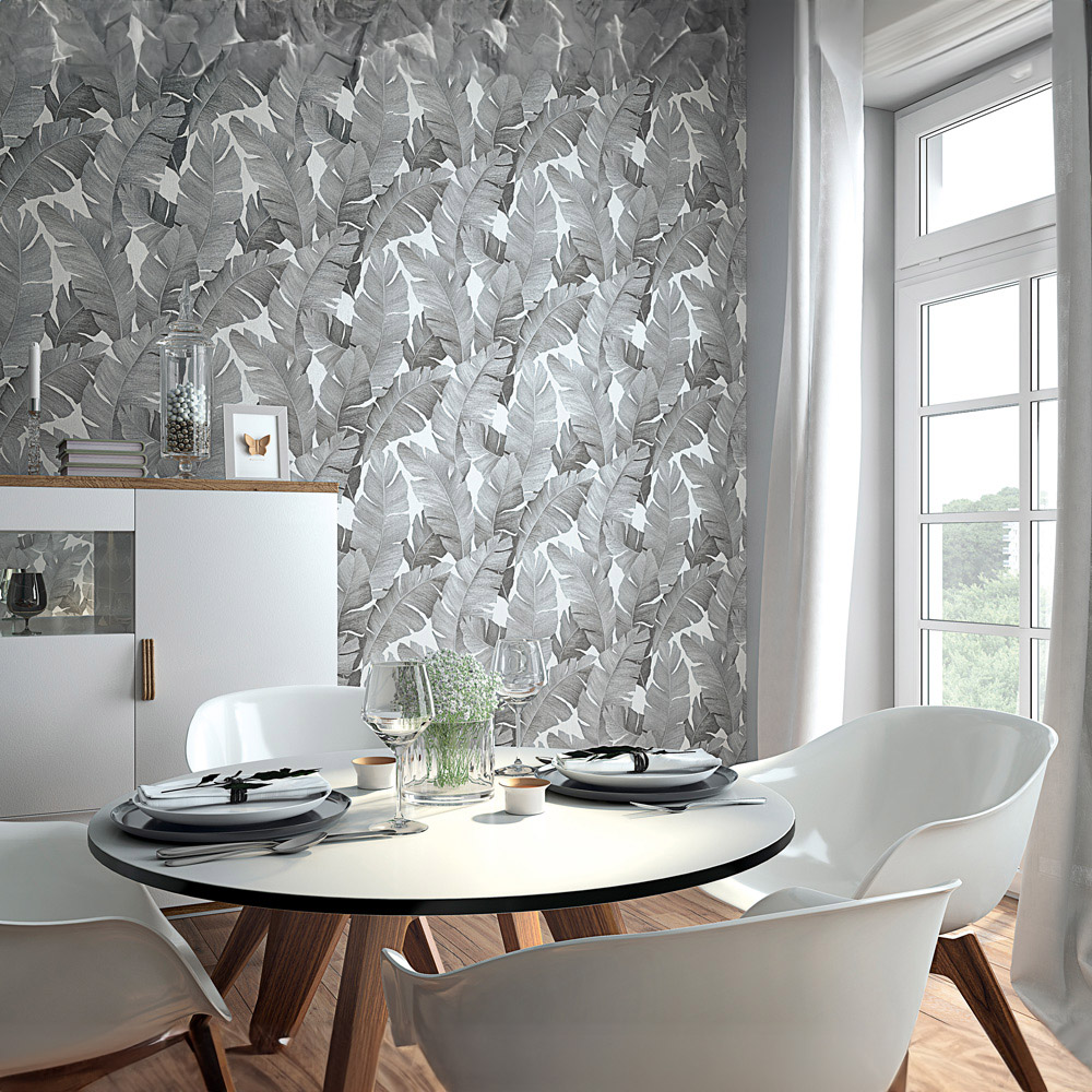 Galerie Industrial Effects Tropical Leaf Dark Silver Grey and White Wallpaper Image 3