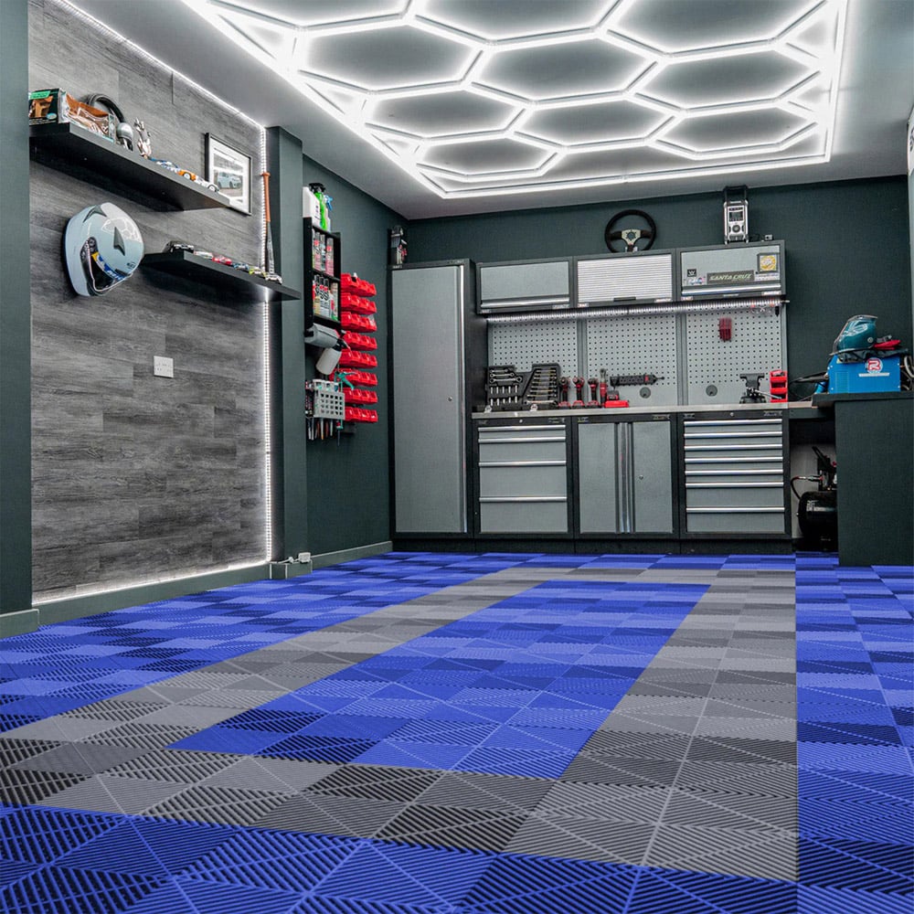 MonsterShop 90 Blue and 30 Grey Vented Garage Floor Tiles with Edges and 14 Hexagon LED Light Image 2