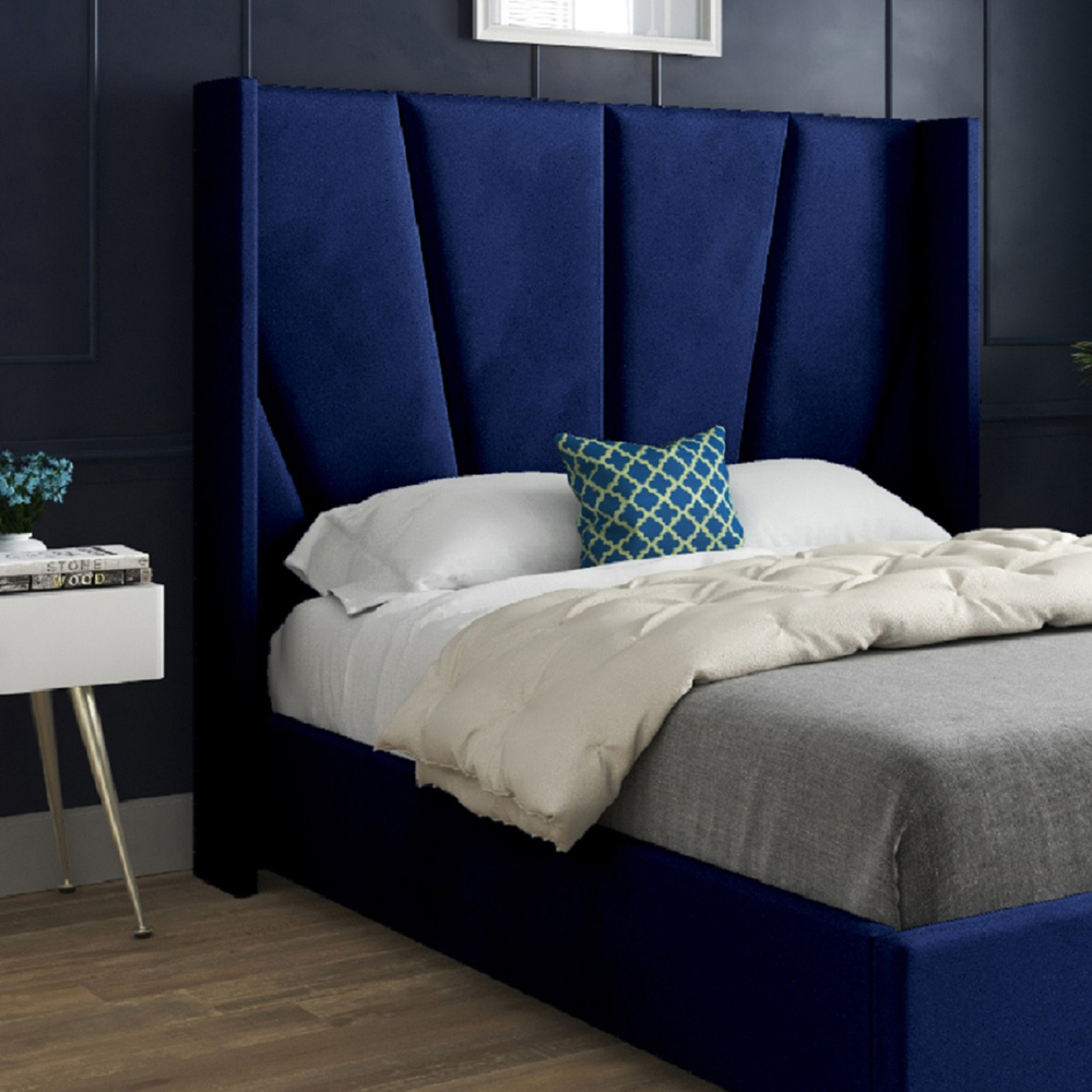 Bellini Blue Small Double Velvet Upholstered Bed Frame with Wide Curved Winged Headboard Image 3