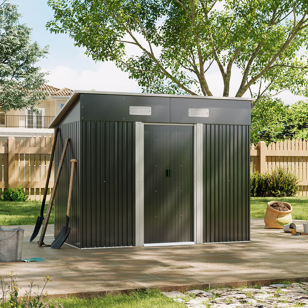 Living and Home 4 x 8ft Black Outdoor Flat Roof Double Sliding Door Metal Shed Image 8
