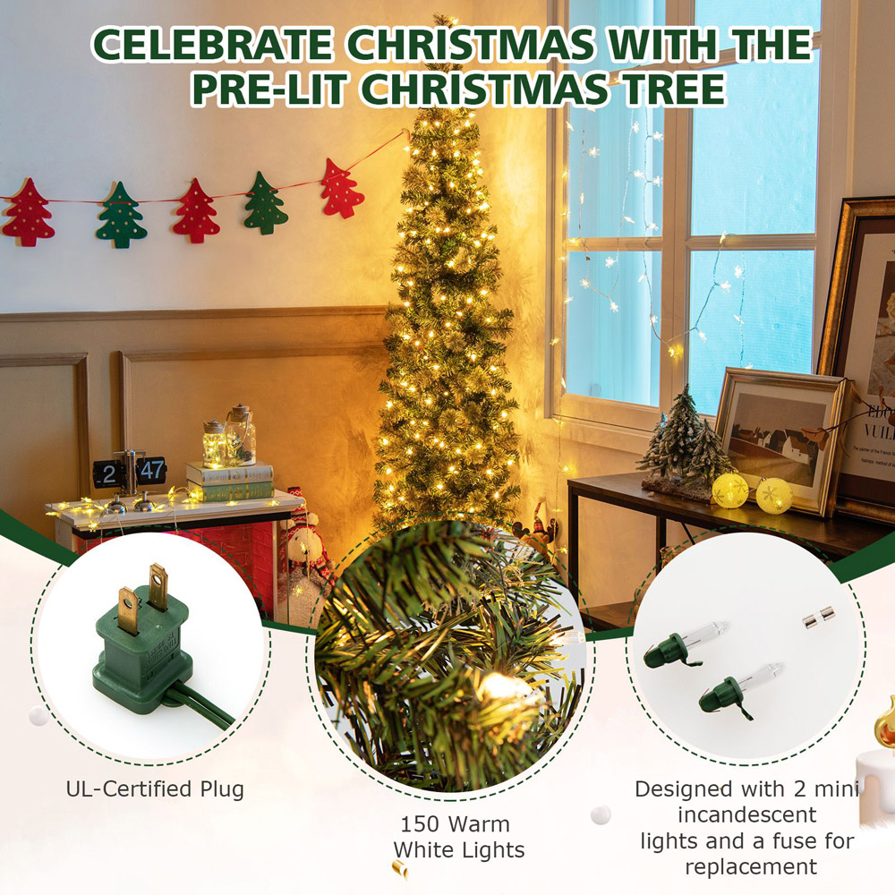 Costway Pre Lit Warm White LED Half Shape Artificial Christmas Tree 7ft Image 6