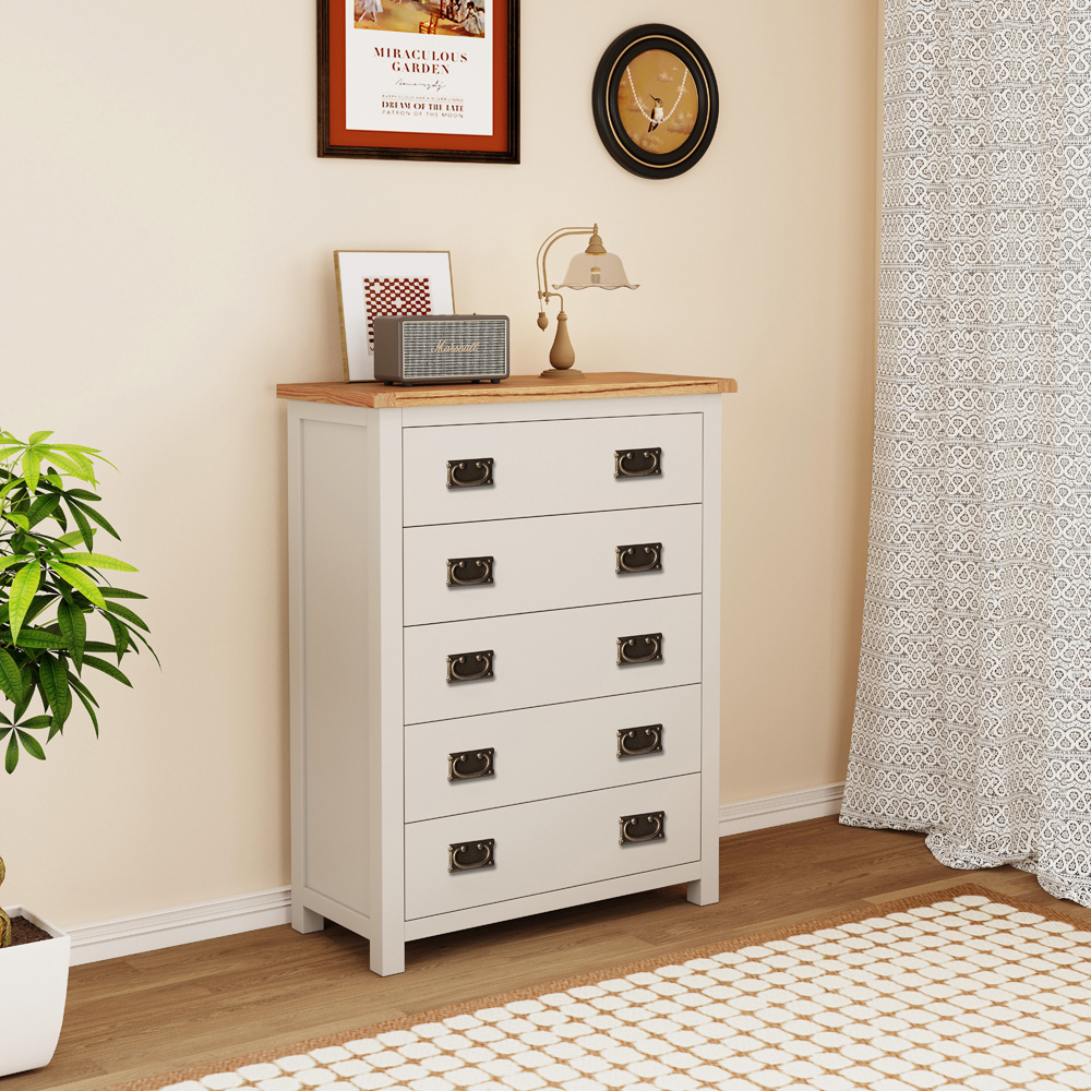 Cabinet Bits Lovere 5 Drawer White Brass Drop Handle Chest of Drawers Image 8