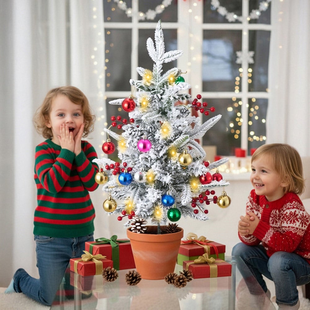 Living and Home Pre-Lit Snow Dusted Artificial Christmas Tree with Baubles 2.5ft 2 Pack Image 7