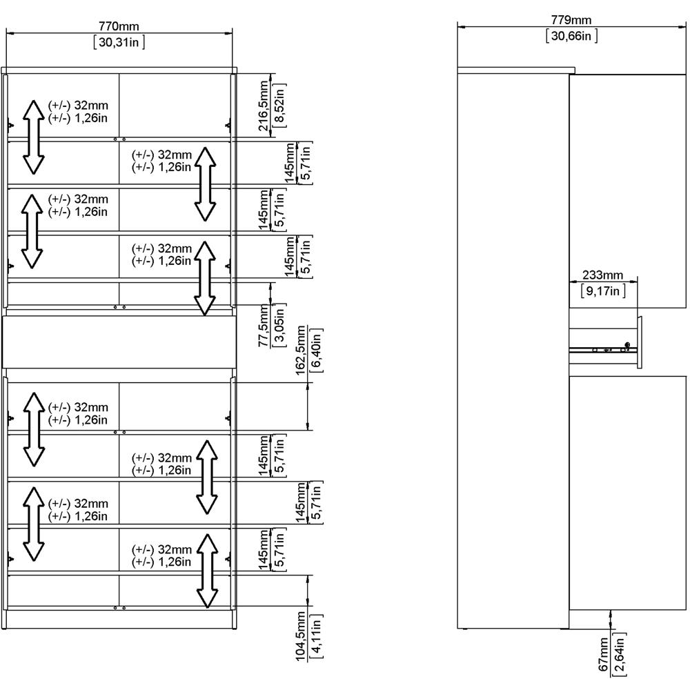Florence 4 Door Single Drawer Jackson Hickory Oak and Black Shoe Cabinet Image 8