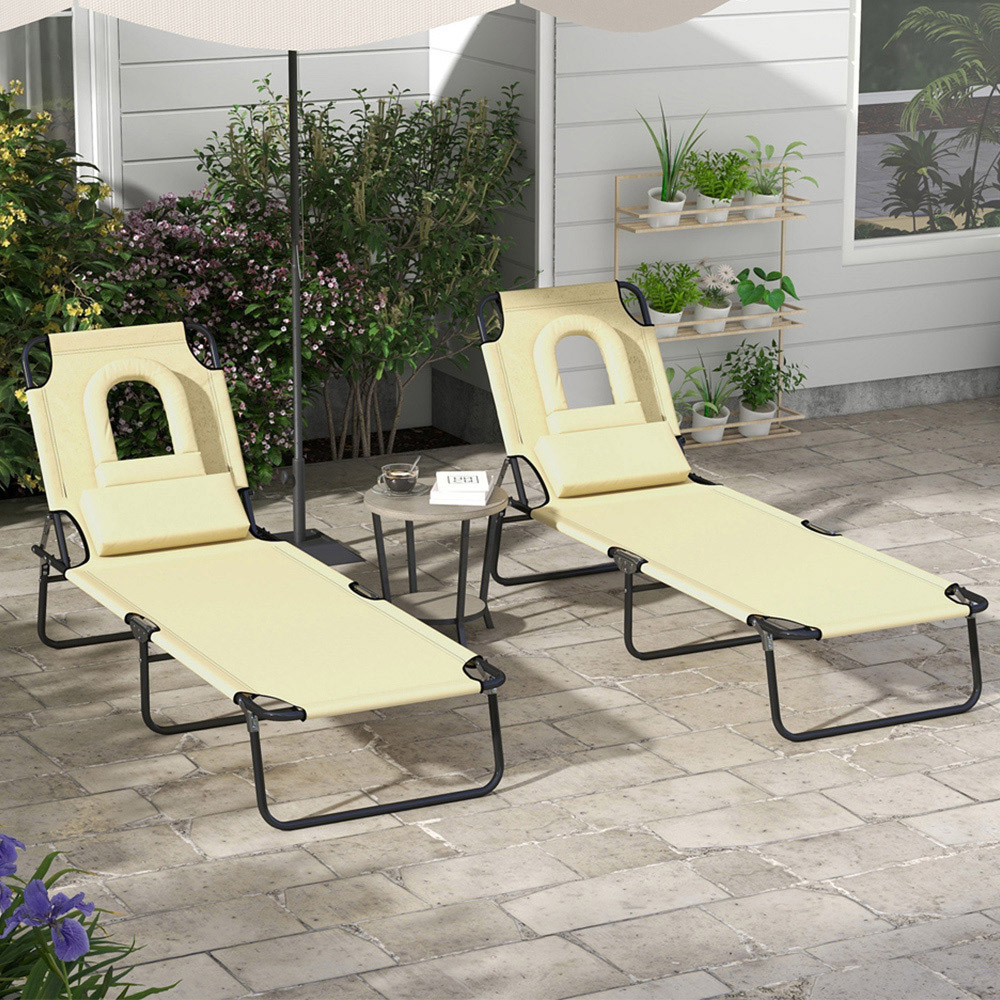 Outsunny Set of 2 Beige Folding Sun Lounger with Reading Hole Image 1